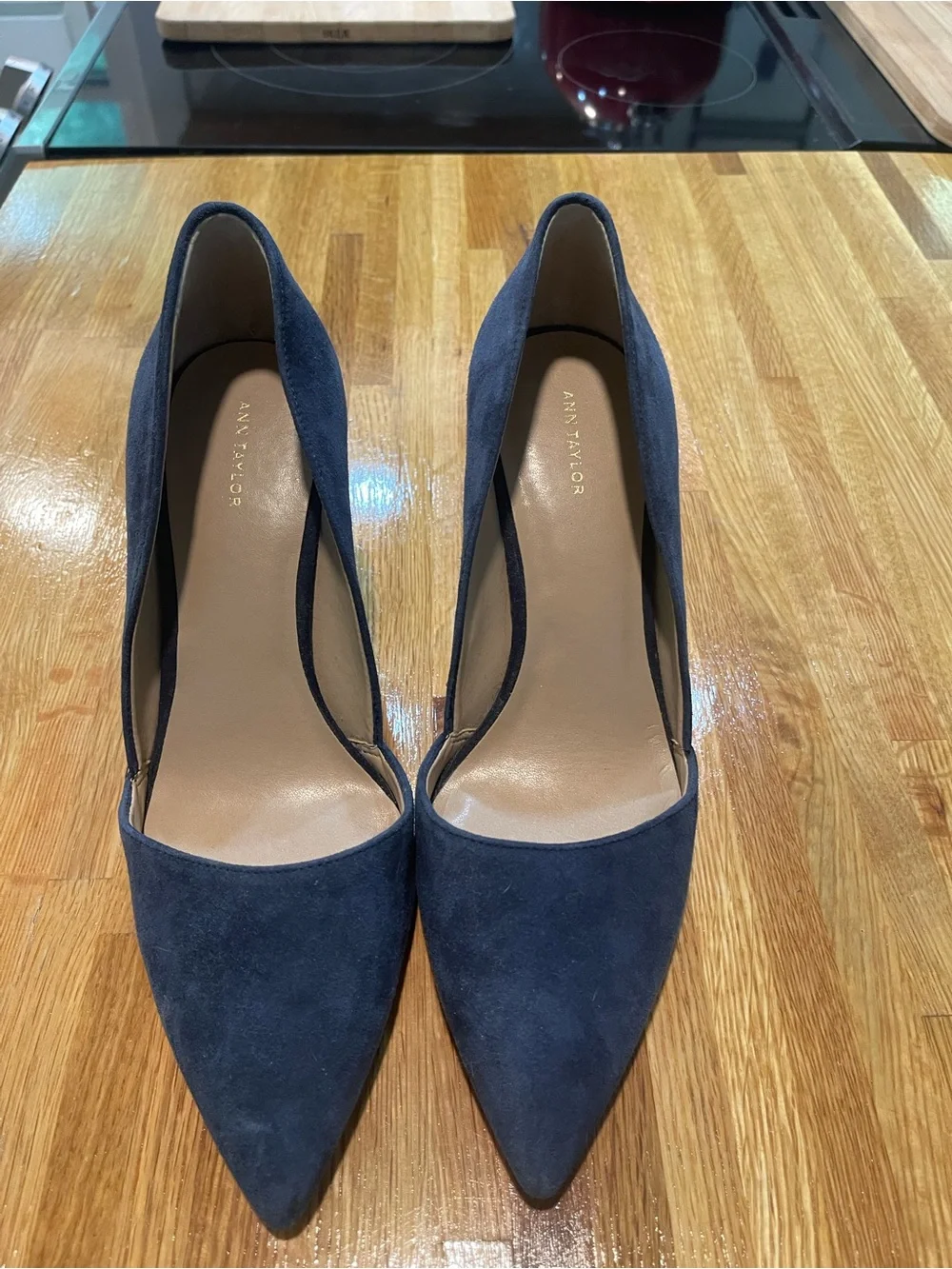 Ann Taylor Navy Suede Pointed-Toe Pumps